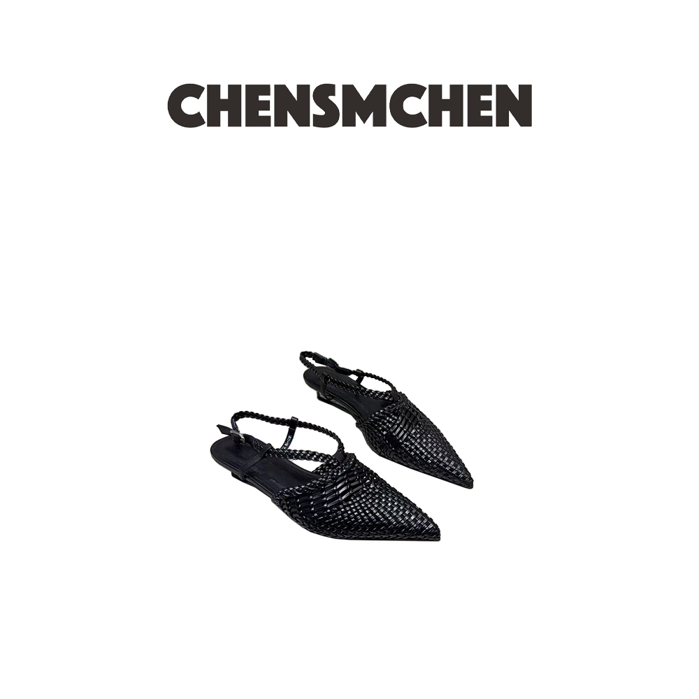 CHENSMCHEN 春季真皮编织尖头坡跟后空一字扣带时尚百搭凉鞋6333