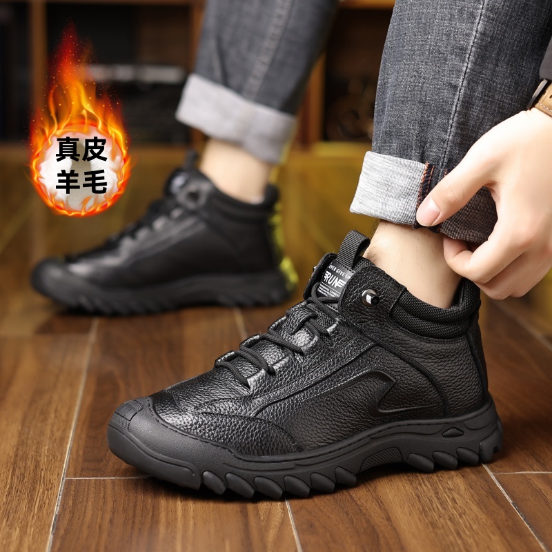 一脚蹬头层牛皮男鞋皮毛一体冬季保暖棉鞋男真皮黑色东北高帮皮鞋