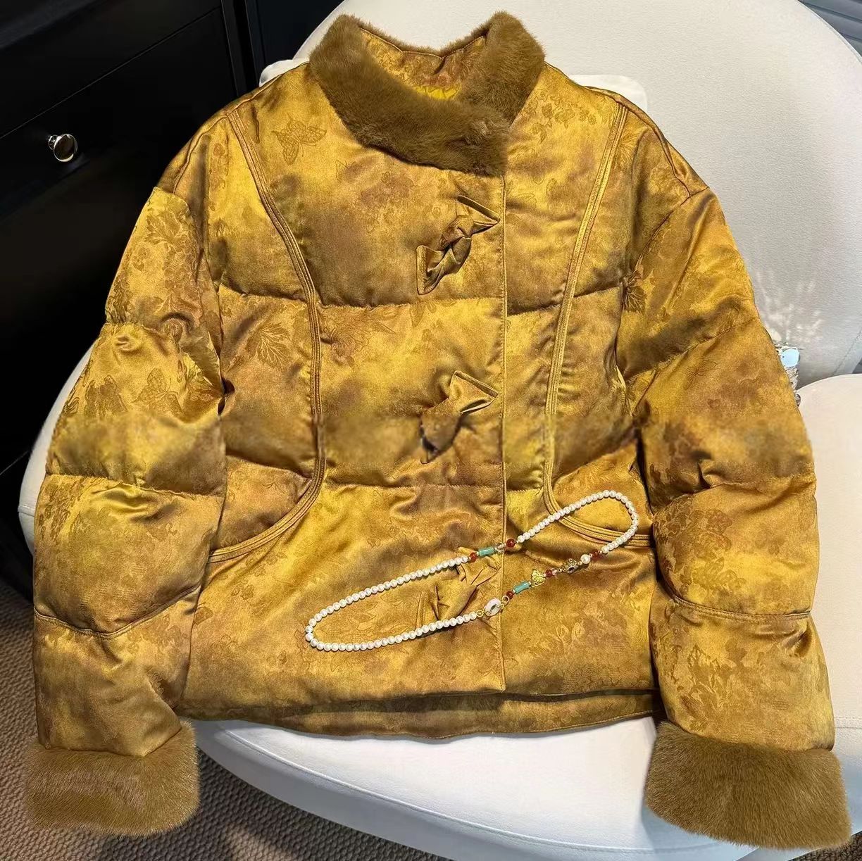 秋锦金绒 新中式文艺复古加厚重工毛毛上衣