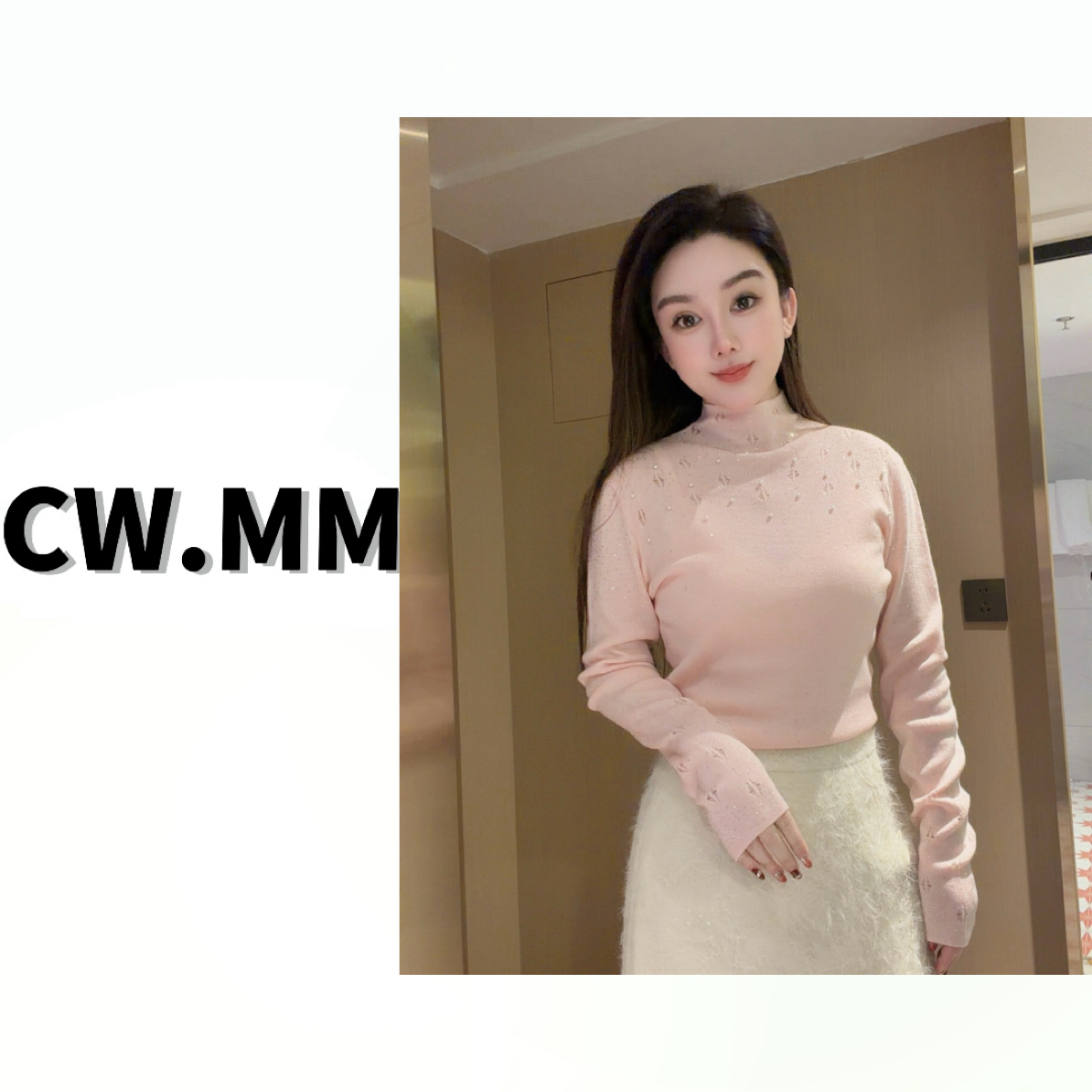 --CW.MM【心动预警】水粉色- 时尚百搭修身烫钻镂空设计羊毛毛衣
