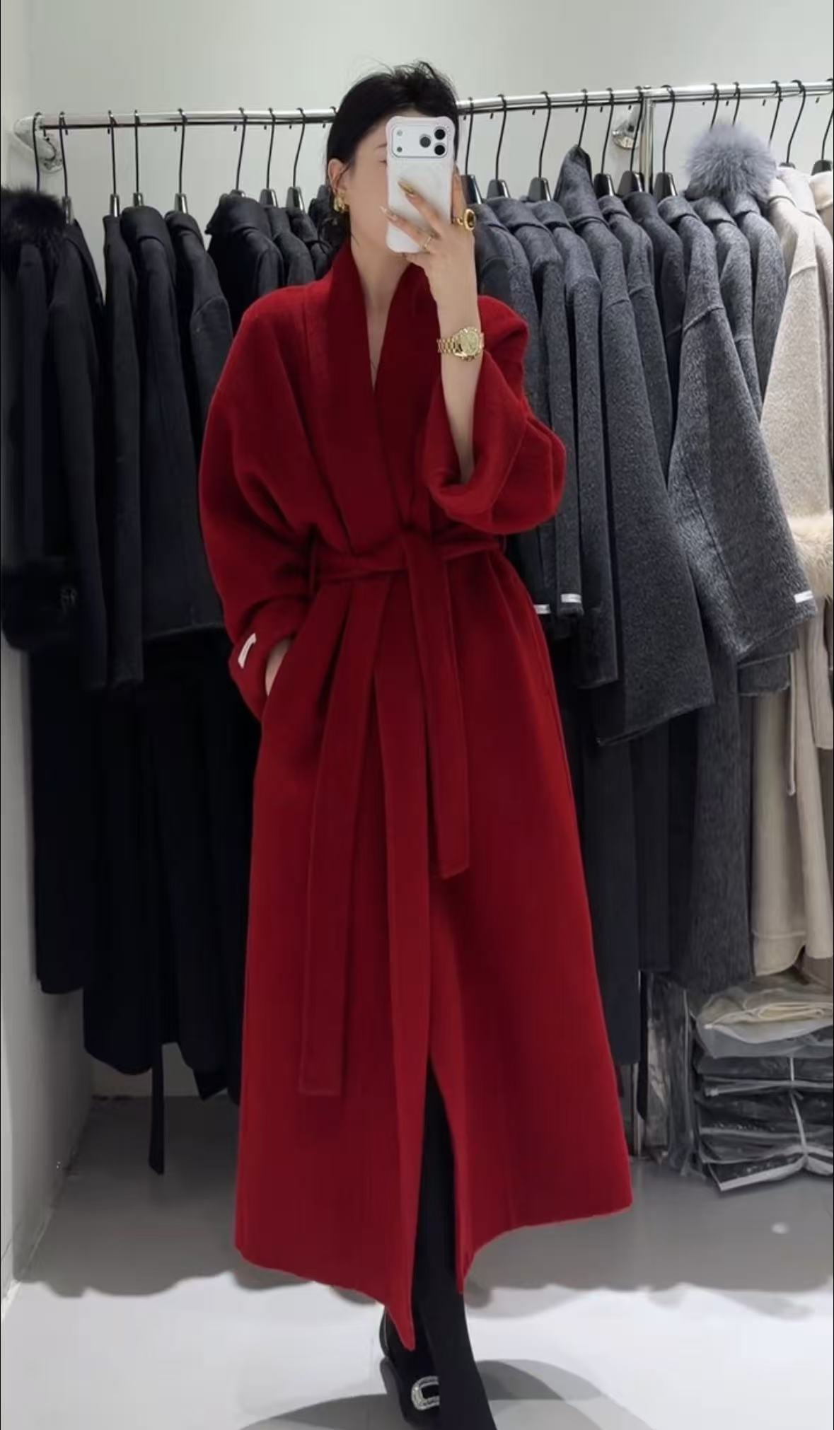 红色佳人毛呢插肩袖秋冬时尚百搭上班族通勤风红色浴袍红色大衣