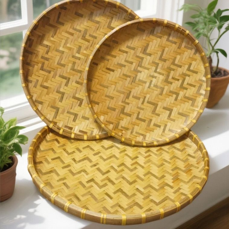 A三件套烟熏（36..40.45公分）烟熏绿条簸箕竹编晒盘家用圆形无孔