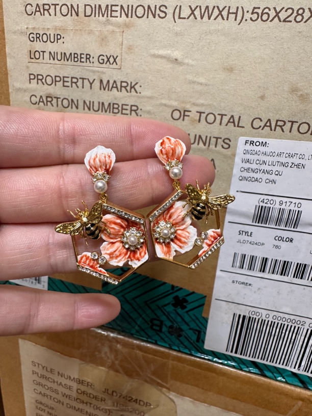 铜合金珐琅耳饰 法式甜美花朵宝石耳环中古气质百搭蜜蜂耳坠耳饰