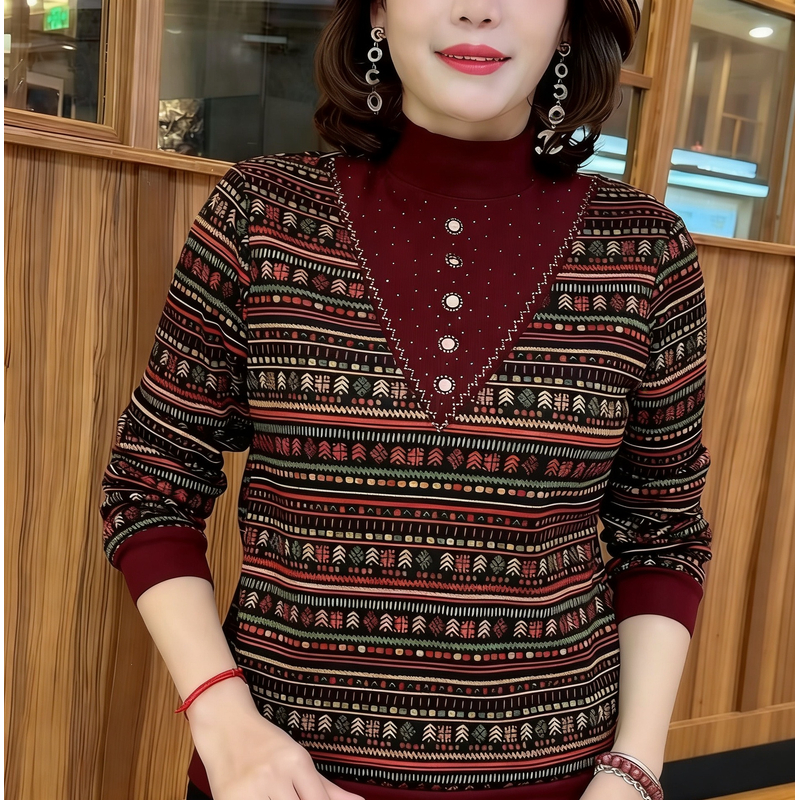 秋冬新款潮流百搭休闲打底衫时尚半高领女装烫钻设计洋气妈妈装