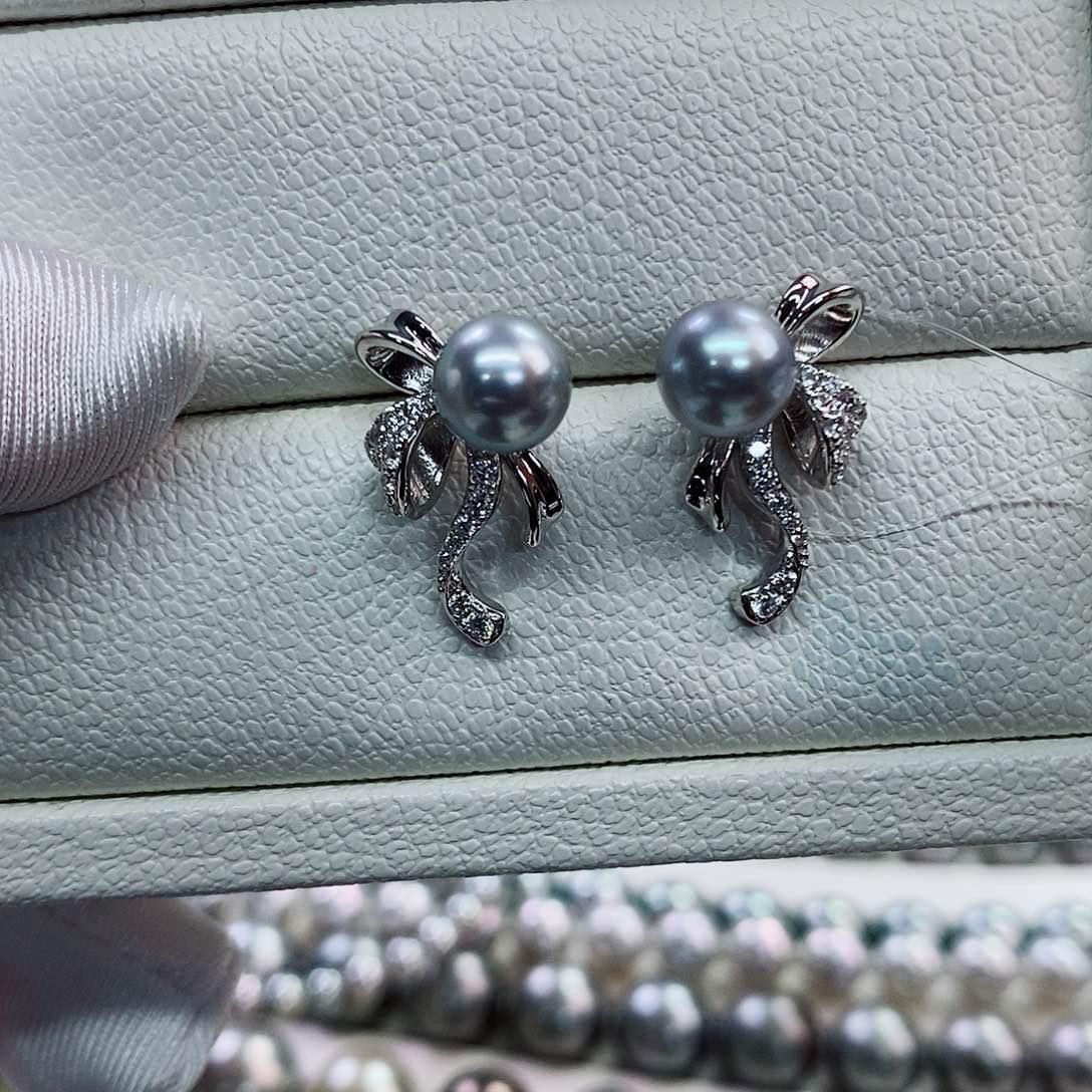 银S925镶嵌耳饰海水珍珠7-8