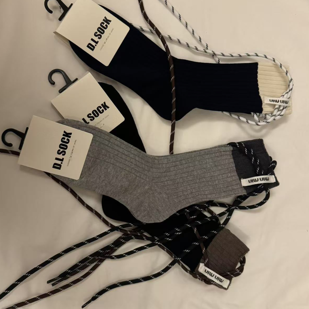 设计感绑带袜子多色拼接个性袜子时尚小众中筒袜穿搭单品