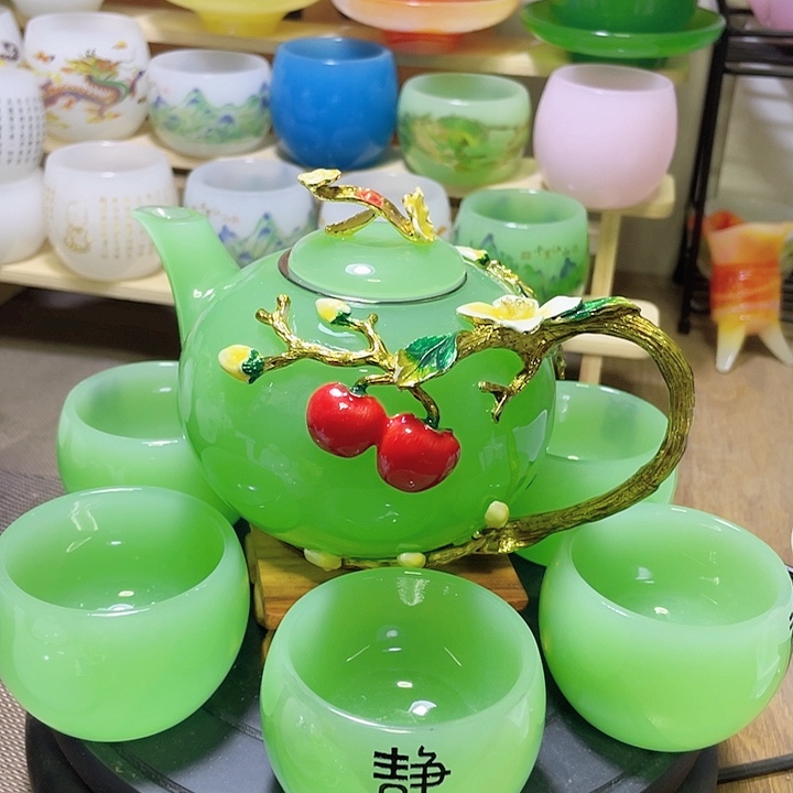 琉璃中式珐琅彩事事如意一壶六杯礼盒套装