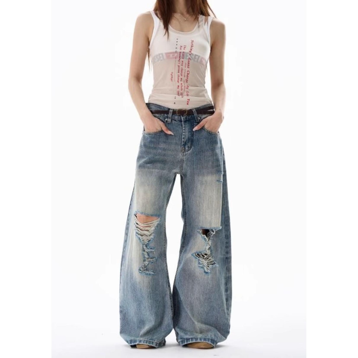 8351美式复古破洞小众竹节纹牛仔裤男女高级感直筒裤子情侣长裤潮