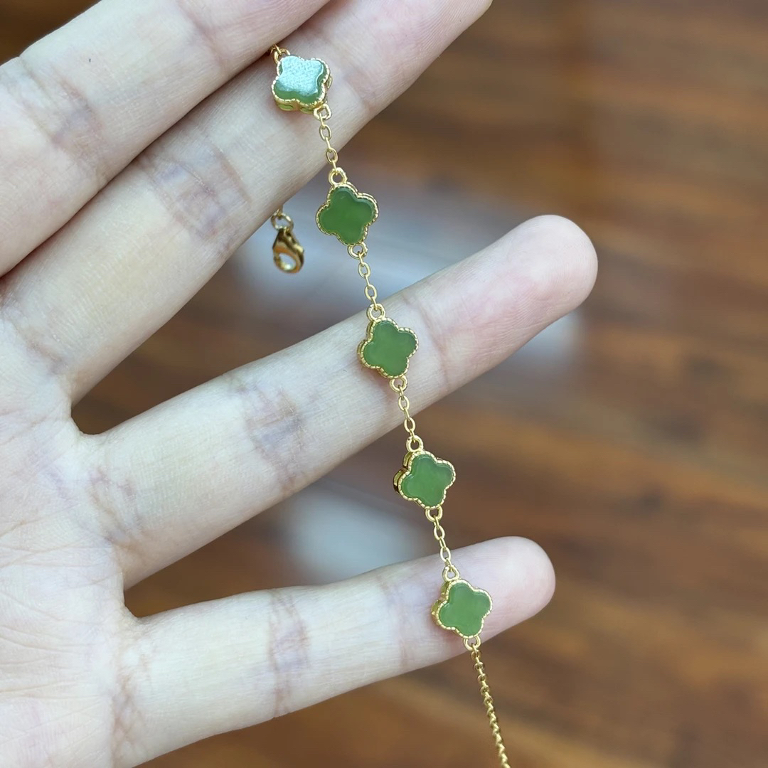 091017wm 和田玉碧玉s925银镶嵌四叶草手链约7*5*3多样性发其一