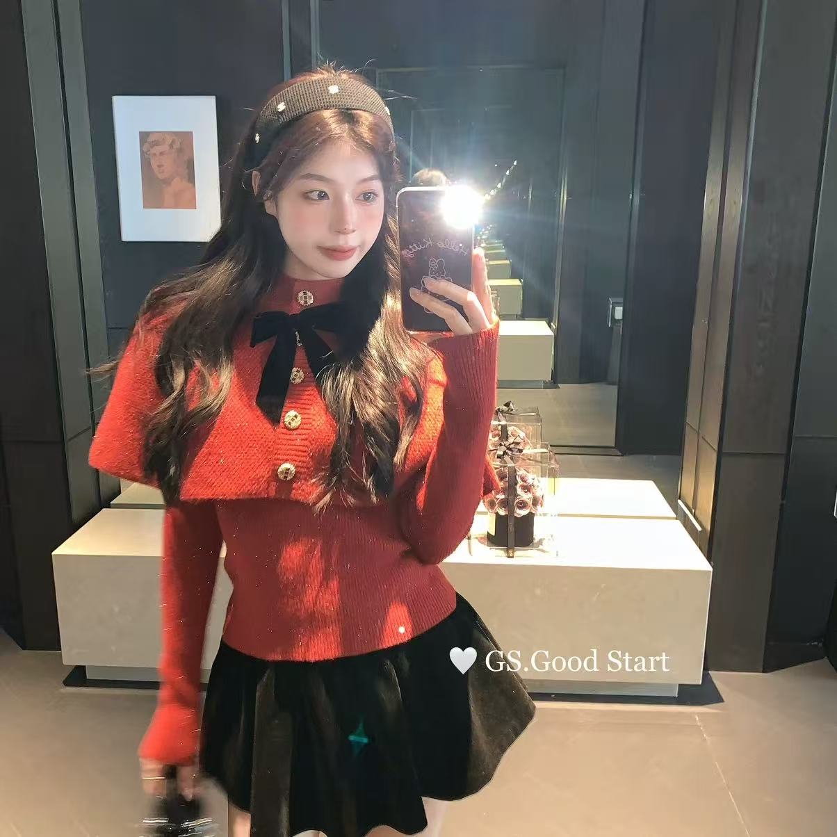 小玉呀！圣诞感 细闪蝴蝶结披肩+针织内搭两件套装(可拆卸蝴蝶结)