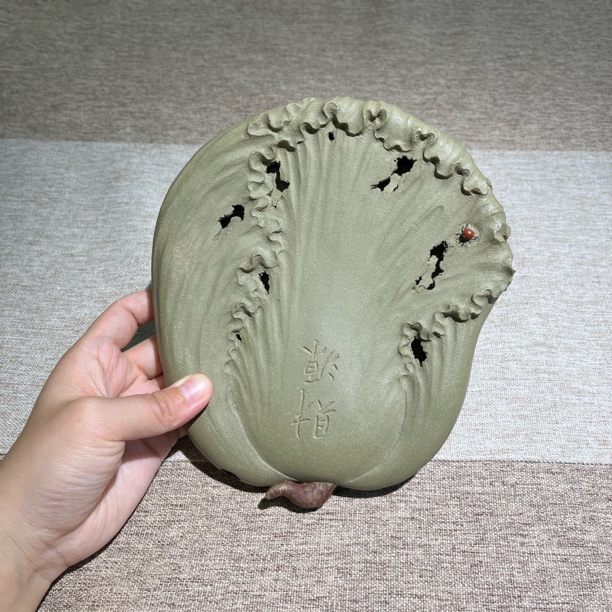 宜兴原矿紫砂豆青壶承摆件白雪山