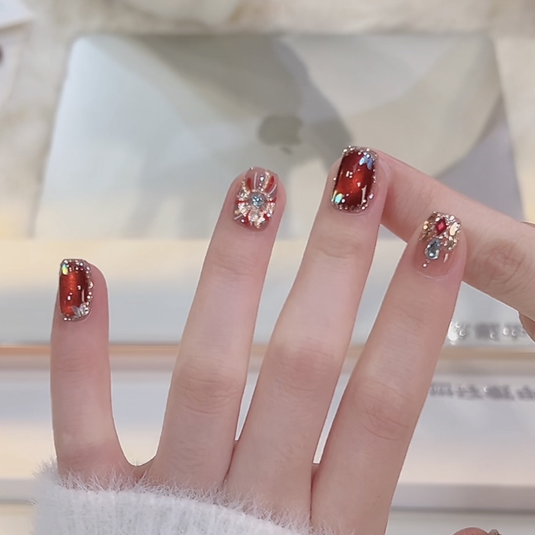 【告白烟火】野世穿戴甲 红色猫眼手绘烟花纯手工气质美甲