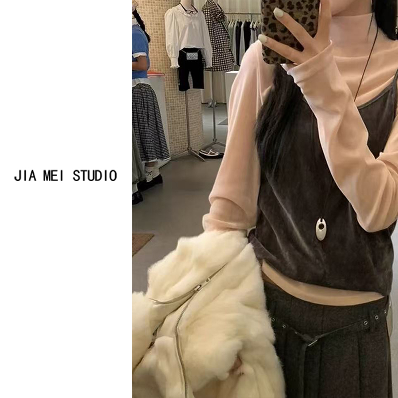 A301冬季韩半高领简约长袖T恤打底衫外搭丝绒吊带背心两件套女