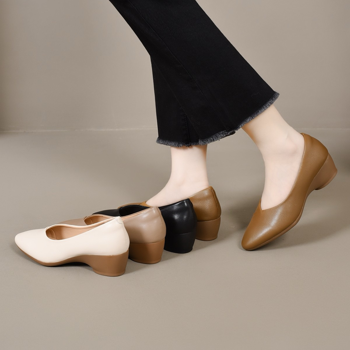 单鞋防滑浅口跟鞋粗跟法式复古低跟休闲风尖头QFL2596