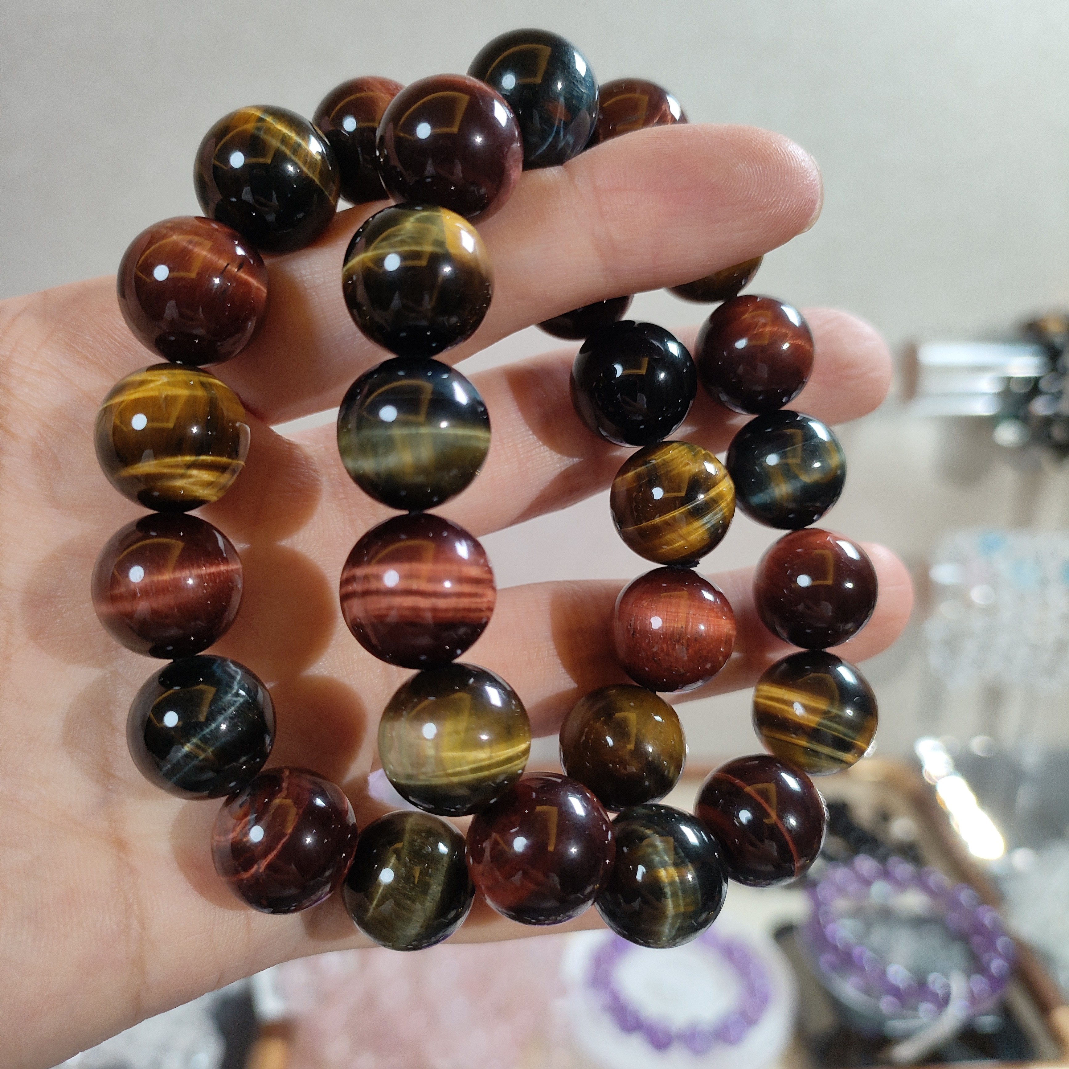 合金手链 收藏级天然彩色虎眼卡15mm