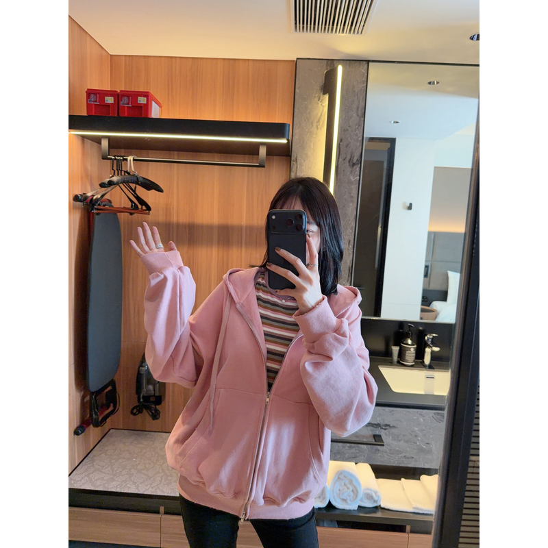 【张静芝】韩国新品~简约百搭经典款磨破设计连帽粉嫩女生外套