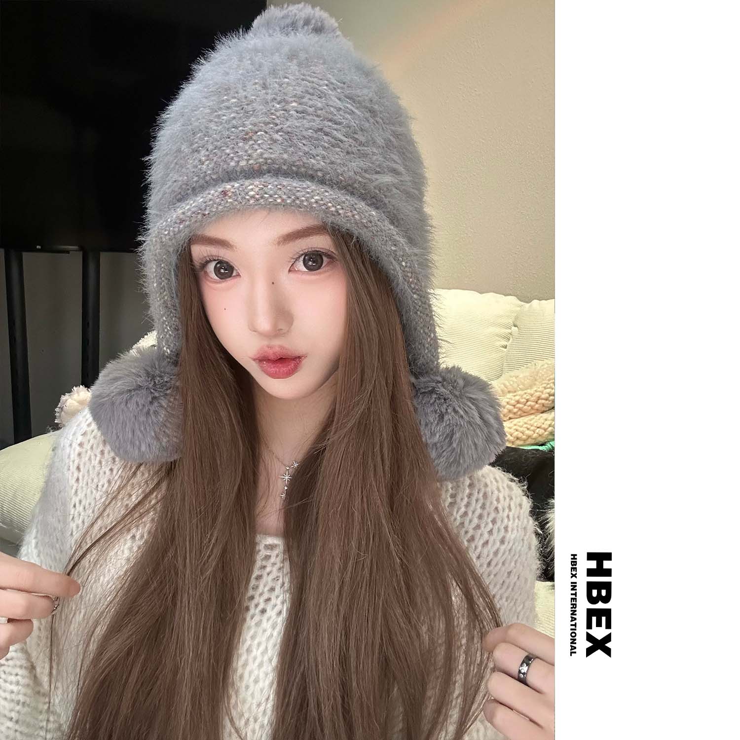 HBEX新款毛线保暖针织帽毛球帽子女冬季时尚加绒加厚骑车护耳帽