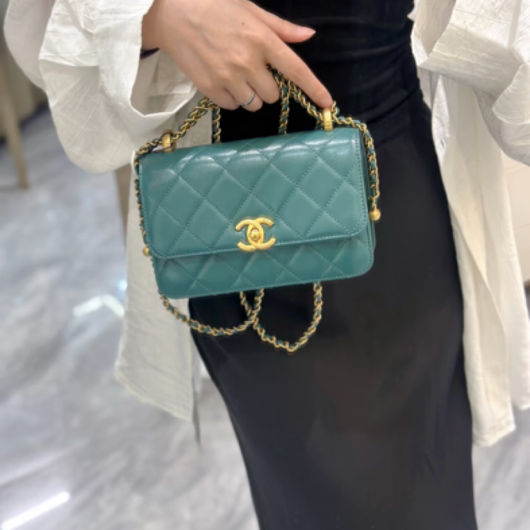 99新 Chanel/香奈儿 薄荷绿双金珠芯片款单肩包/01294 ins 小香风