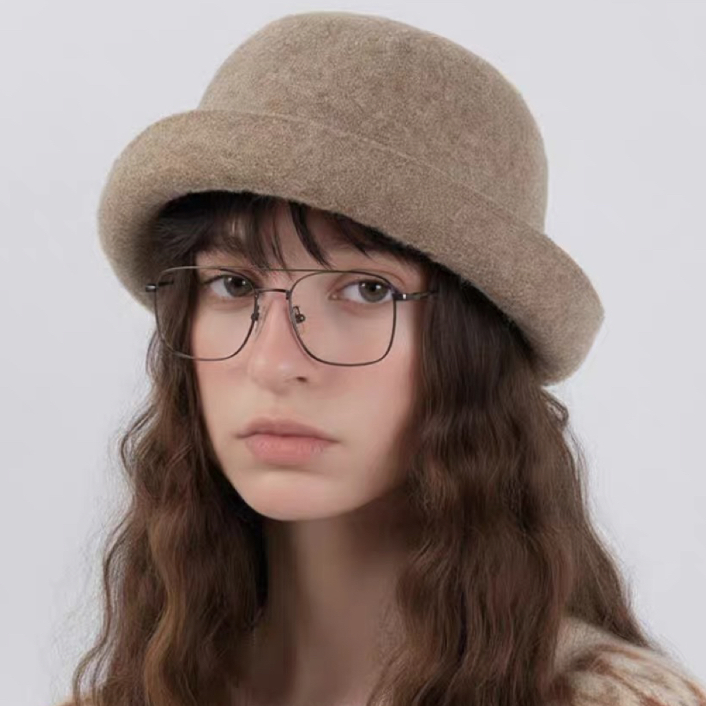 日系英伦复古羊毛呢圆顶礼帽子女气质百搭卷边渔夫帽盆帽潮小圆帽