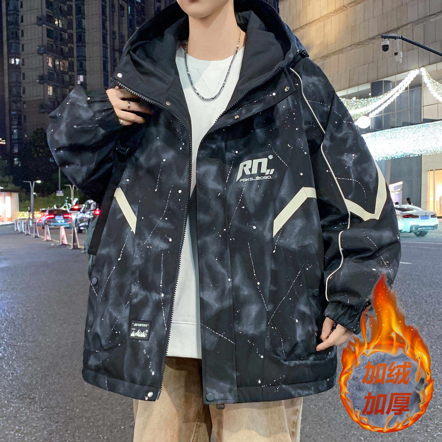 冬季青少年加绒加厚男士休闲连帽宽松潮流学生保暖港风棉服外套