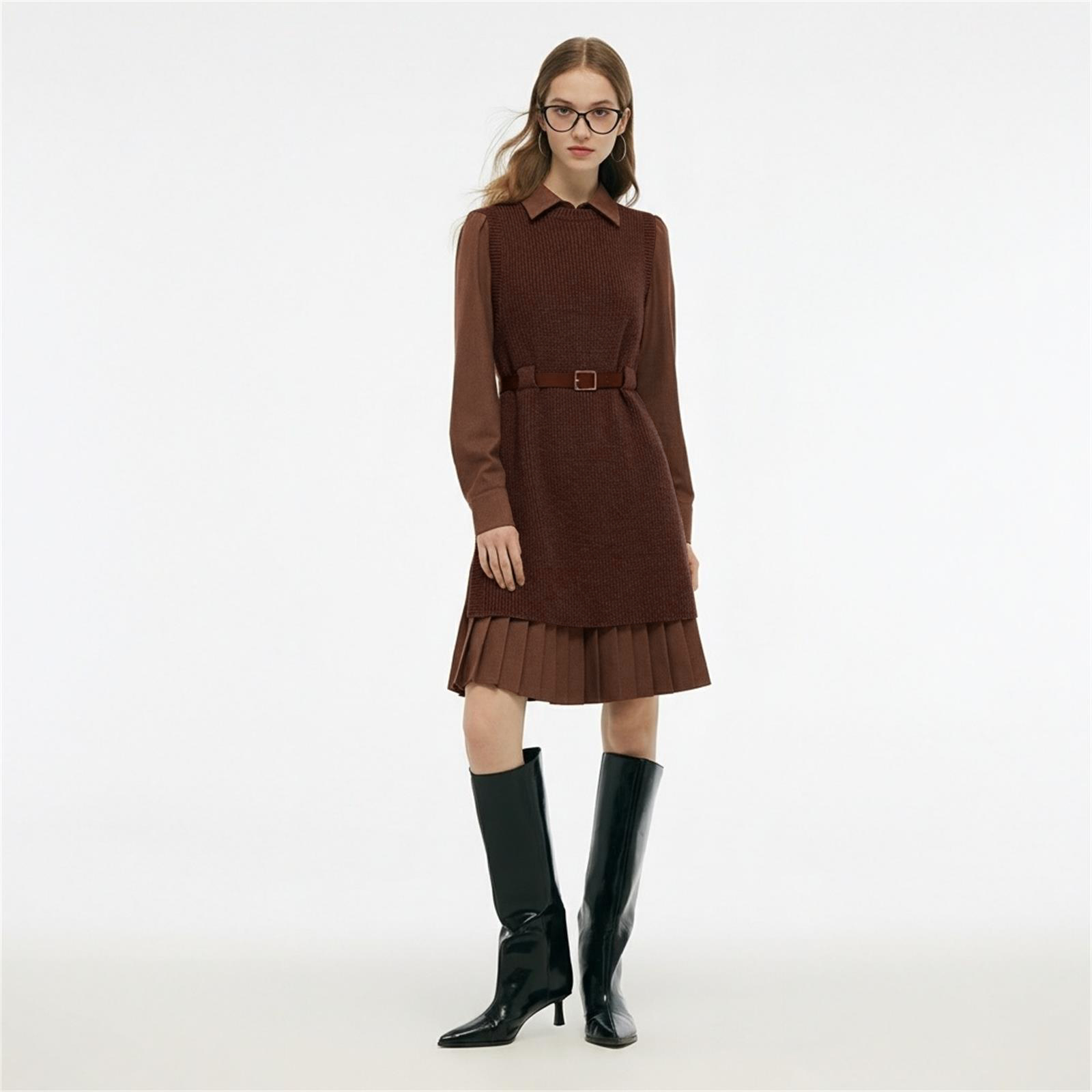 歌莉娅春季衬衫式连衣裙+毛织背心+腰带）1E1LAB840