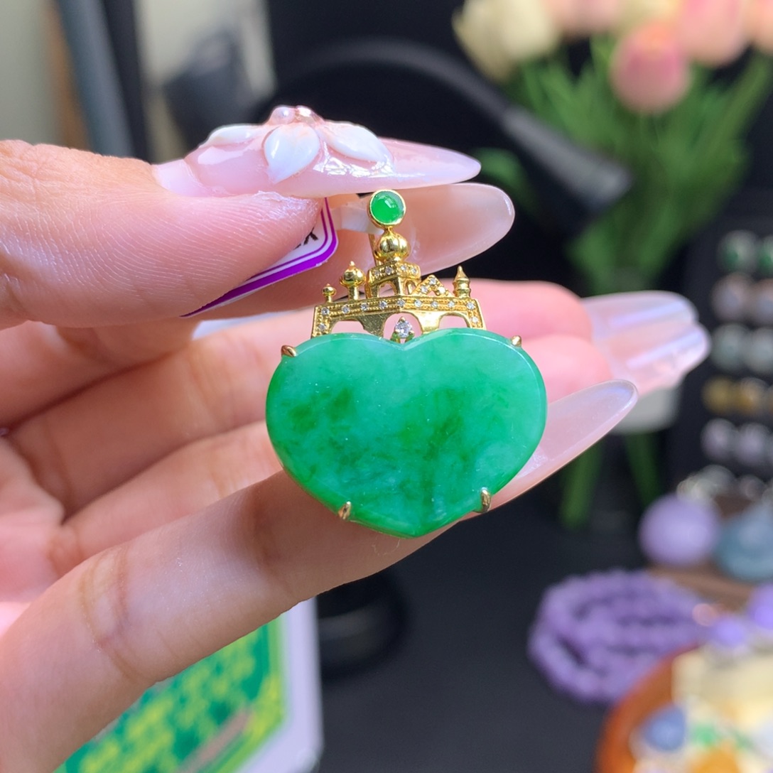 翡翠18K金镶嵌颈饰天然 