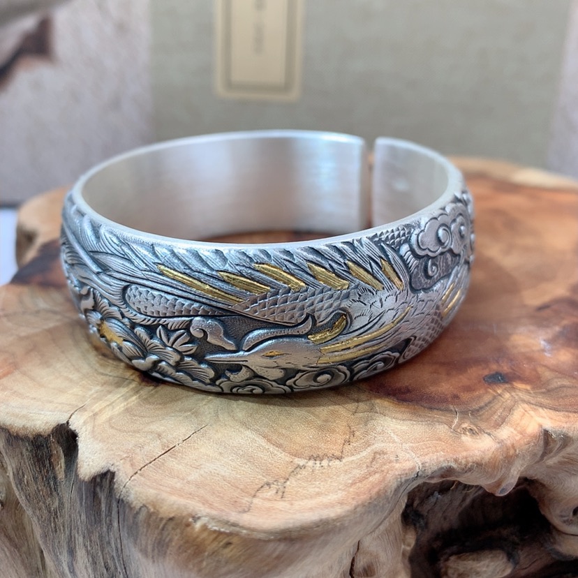 足银手镯 足银手镯 999手镯 重工国风复古传承金银错工艺凤穿牡丹