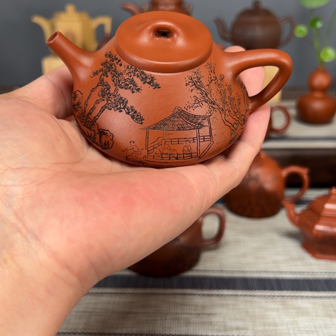 茶壶紫砂W****w全手工朱泥刻绘石瓢容量140c c