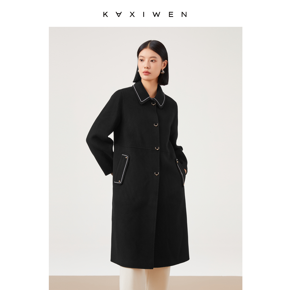 【达人专属】100%绵羊毛长款单排扣黑色呢子大衣X10ADE8677