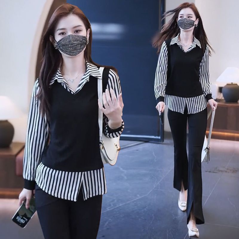 假两件衬衫套装女2025秋装新款遮肚子常规气质小衫时尚通勤两件套