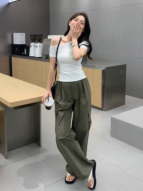 【海南简爱】斜领露肩独特别致上衣女春季短袖t恤女修身2692