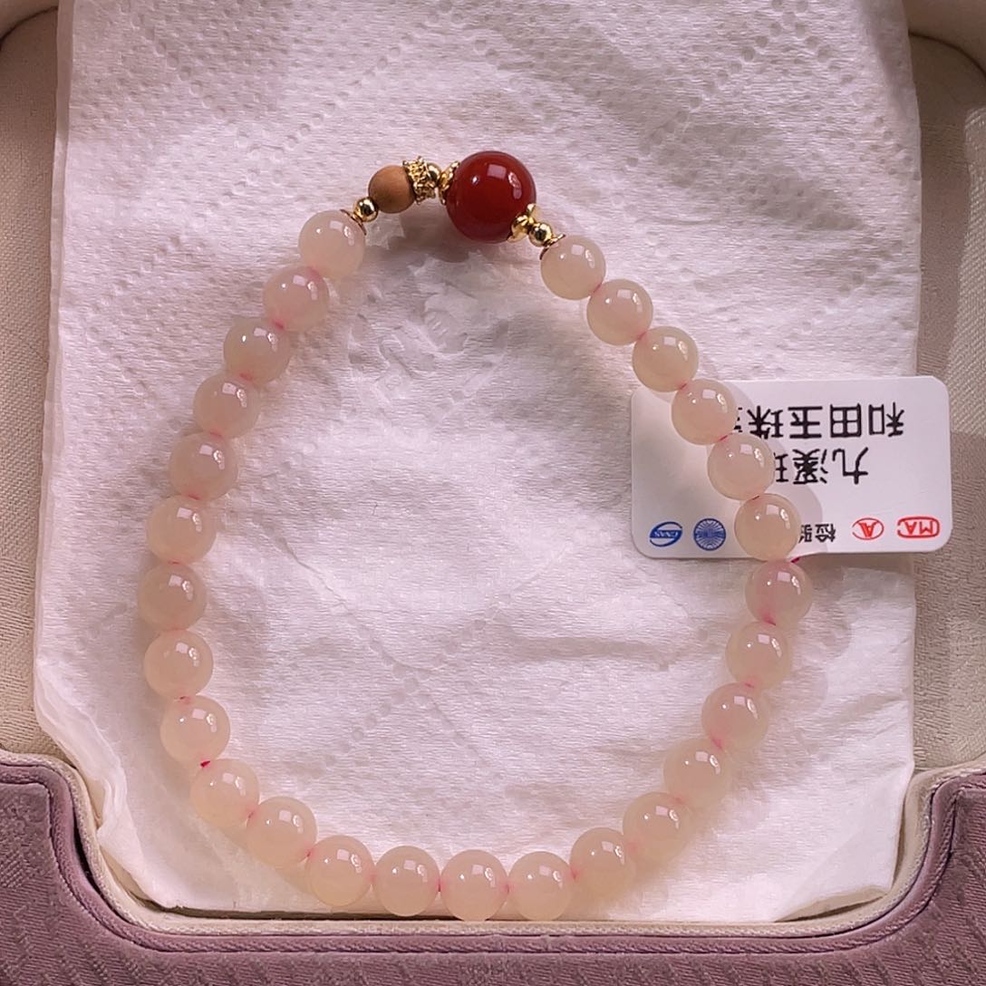 未镶嵌手串和田玉藕粉设计款手串6mm