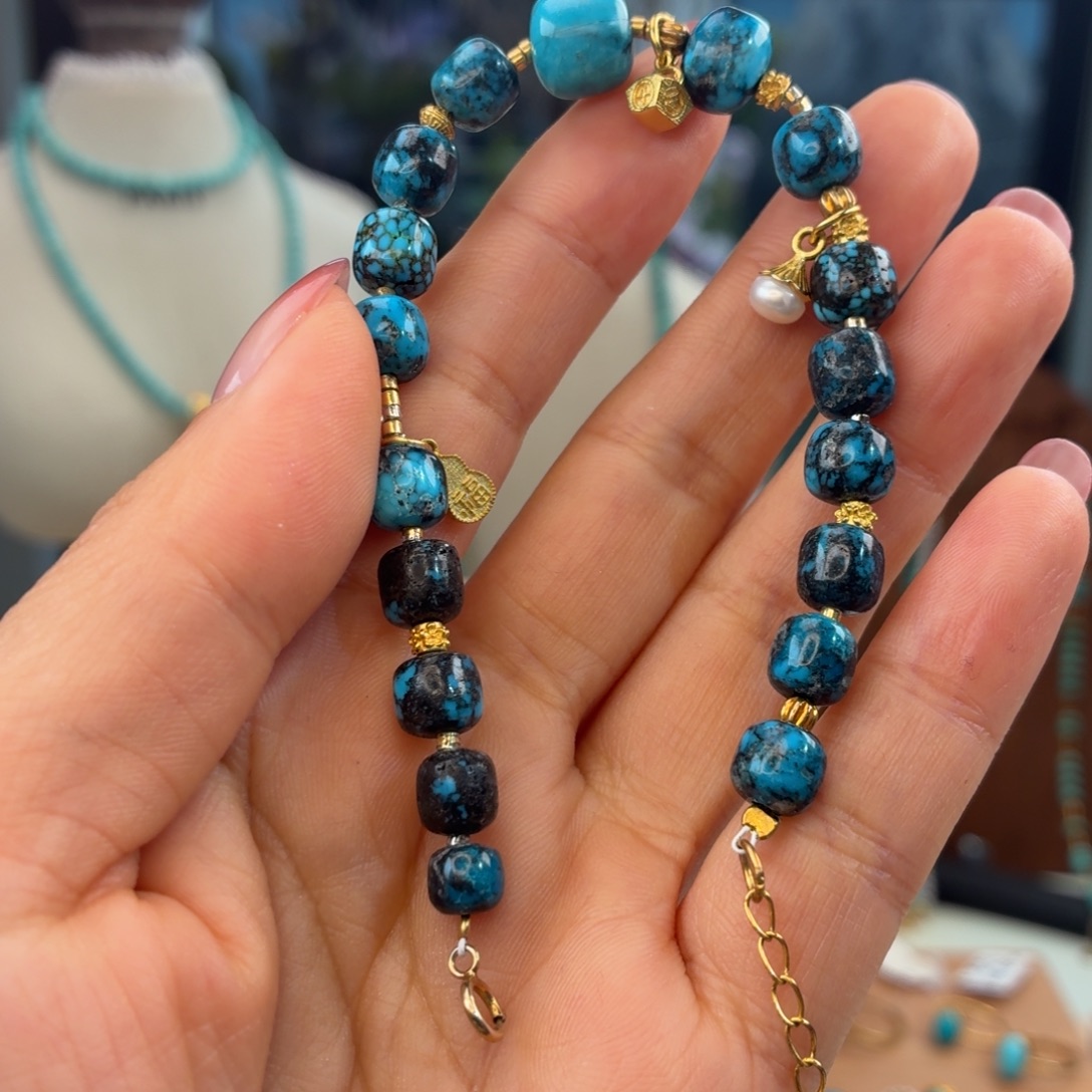 绿松石银S925镀金镶嵌手链