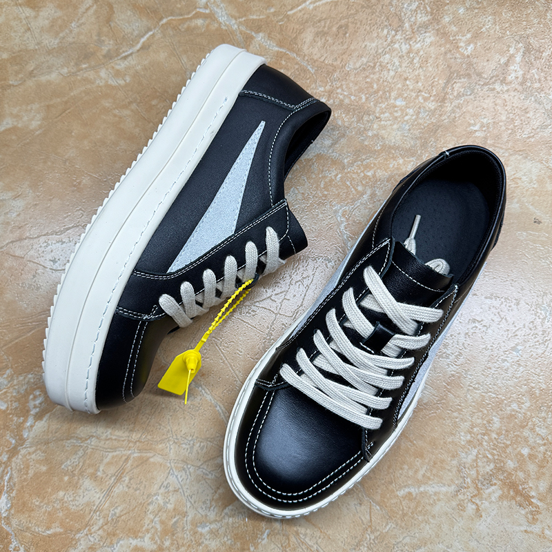 头层牛皮ro鞋子小三角板鞋黑色男女时尚真皮厚底增高美式休闲鞋男