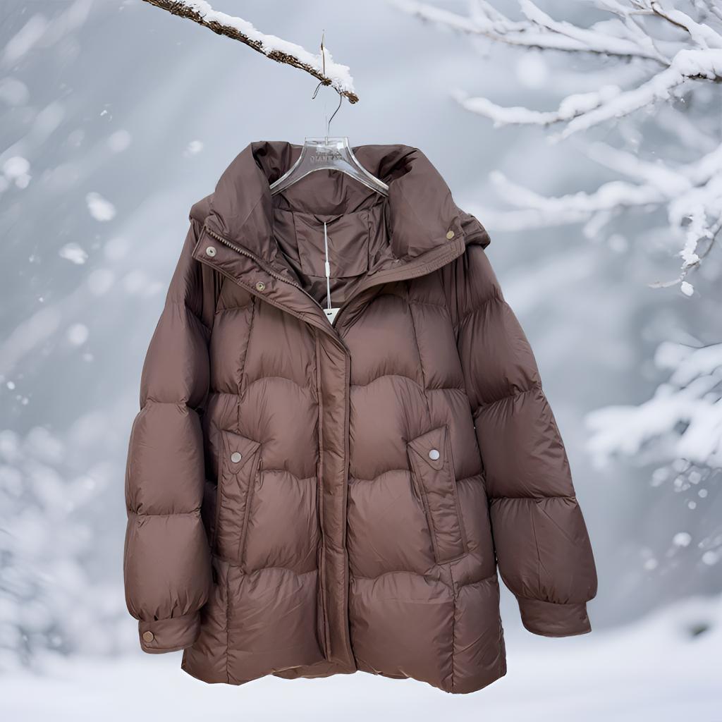 中长款女冬季新款时尚百搭加厚保暖白鸭绒连帽外套女士宽松休闲