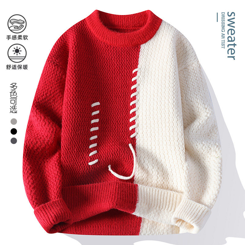 【好货优选】2025秋冬季青少年穿绳撞色毛衣宽松圆领针织衫Y1087