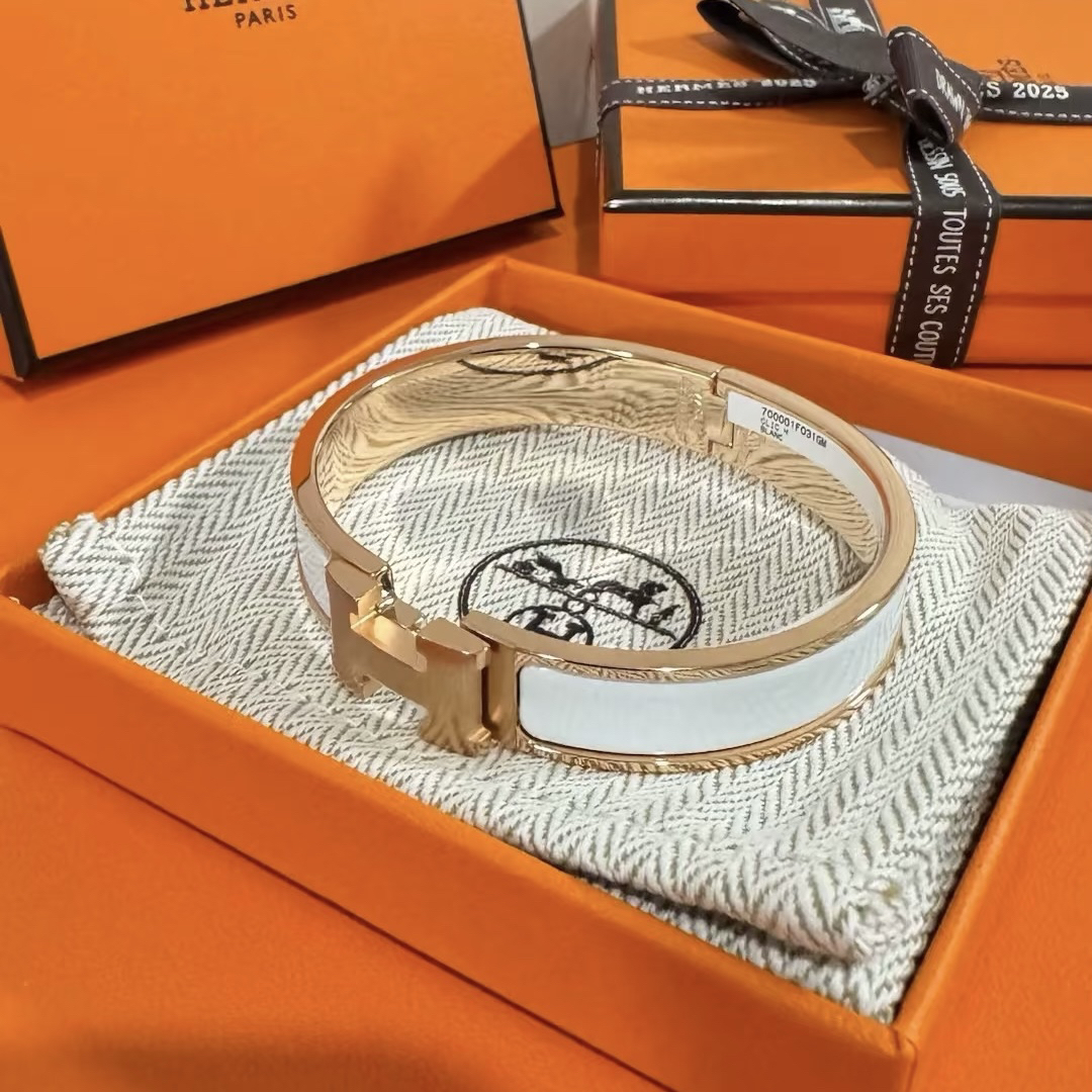 未使用 Hermes/爱马仕 Clic 经典H手镯 玫瑰金色白色全套礼盒