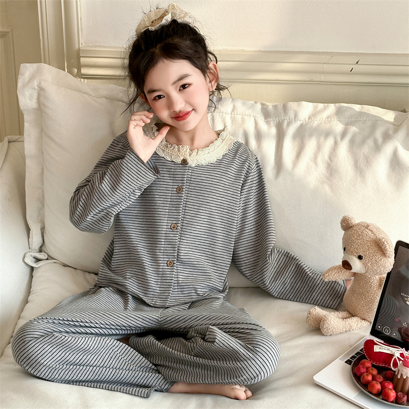 新款儿童甜美蕾丝花边圆领长袖睡衣女童春秋季条纹休闲家居服套装
