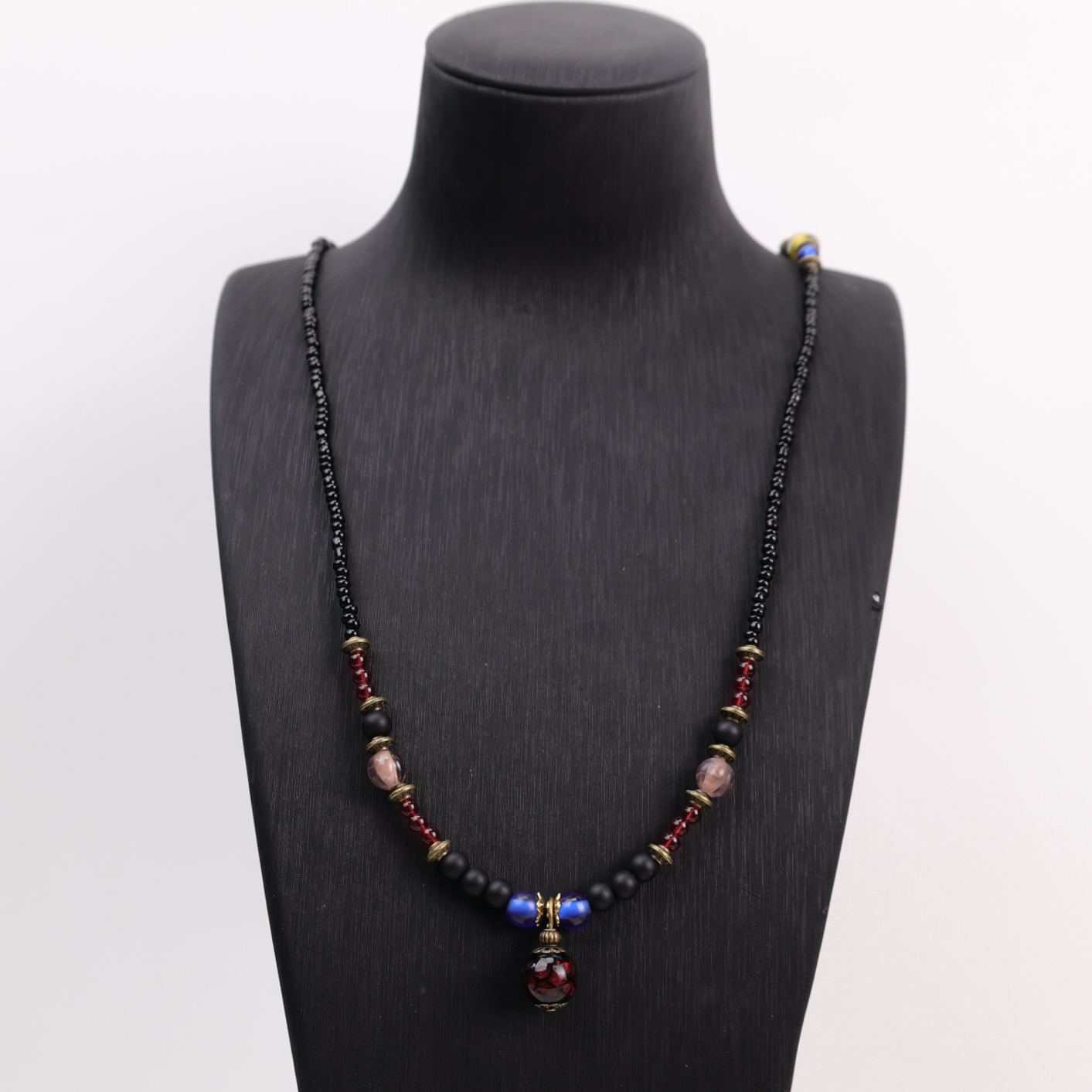 合金项链 LZ1238-1 红色波点银箔单珠黑色小米珠琉璃项链