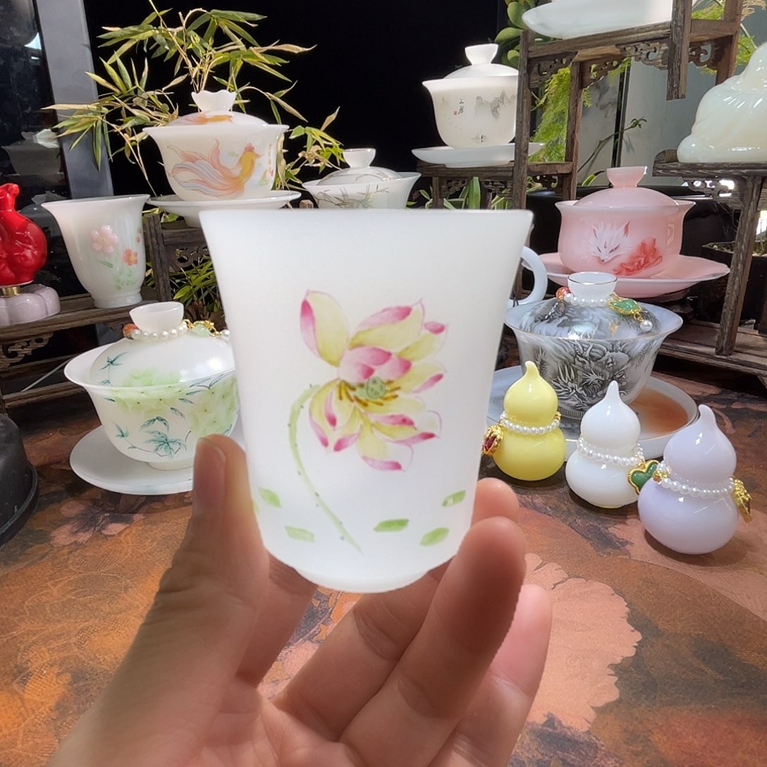 冰晶璞玉素烧薄胎手绘荷韵闻香杯70ml