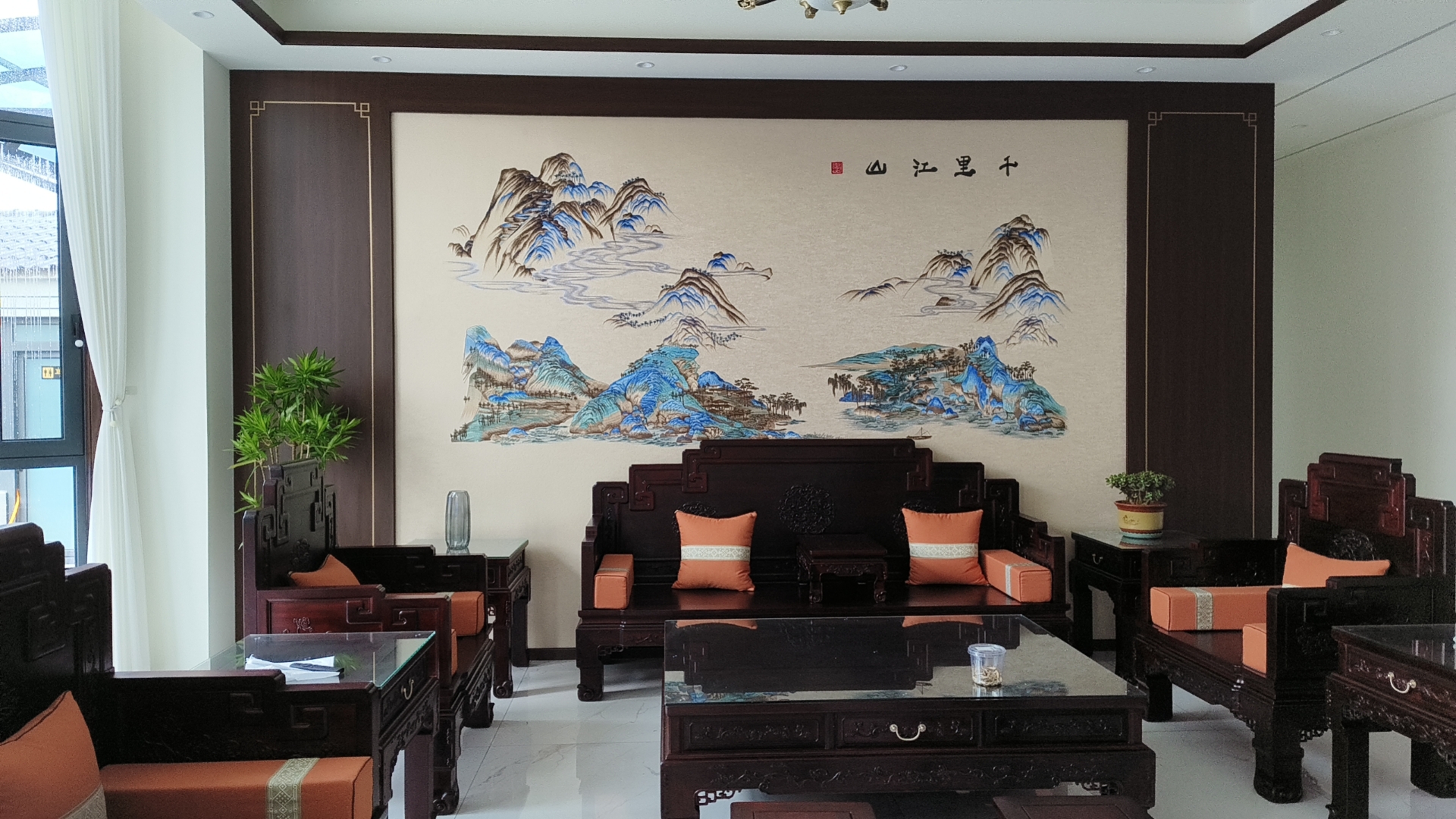 独绣沙发电视背景墙玄关墙布卧室山水墙布新中式背景壁布千里江山