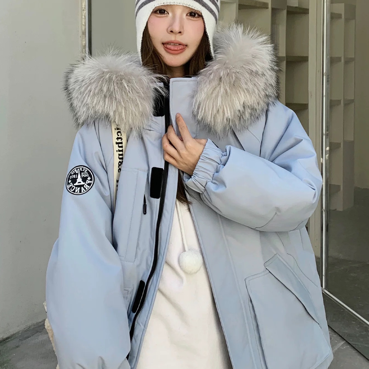 918大毛领加厚毛冲风衣外套