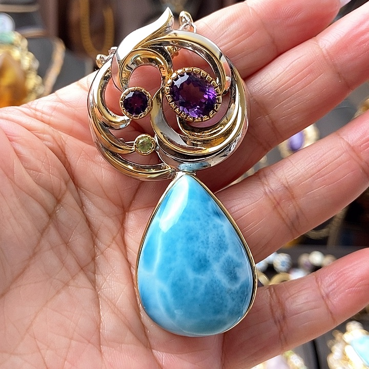 针钠钙石（海纹石）颈饰银S925镶嵌吊坠