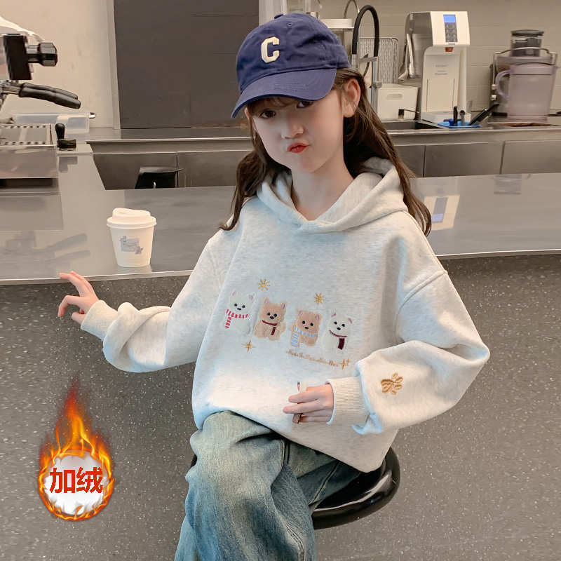 女童加绒连帽卫衣秋冬款洋气百搭小女孩保暖冬季中大童一体绒卫衣