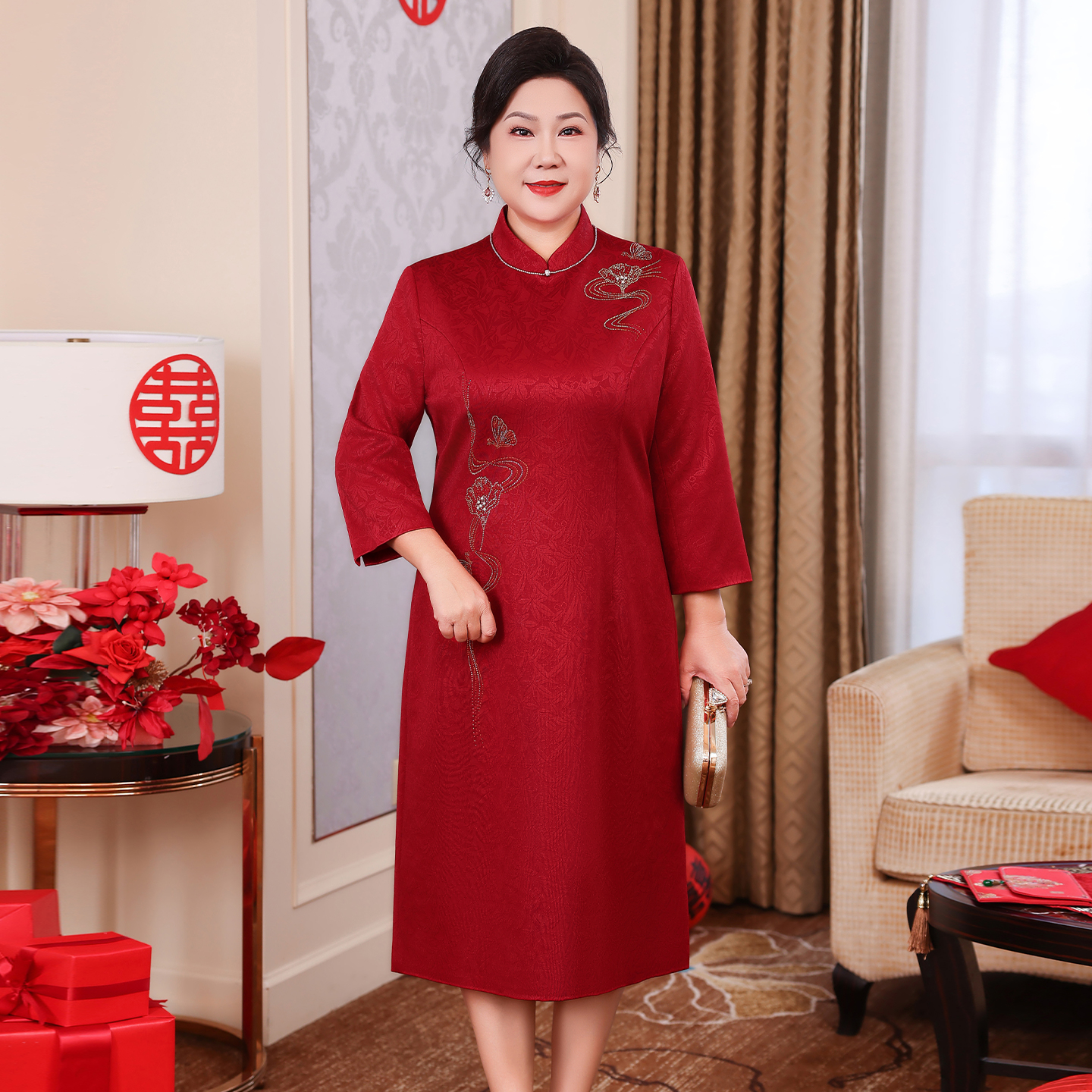 喜妈妈婚宴订婚旗袍高品质连衣裙结婚喜服大码裙子WPD215-Q6796