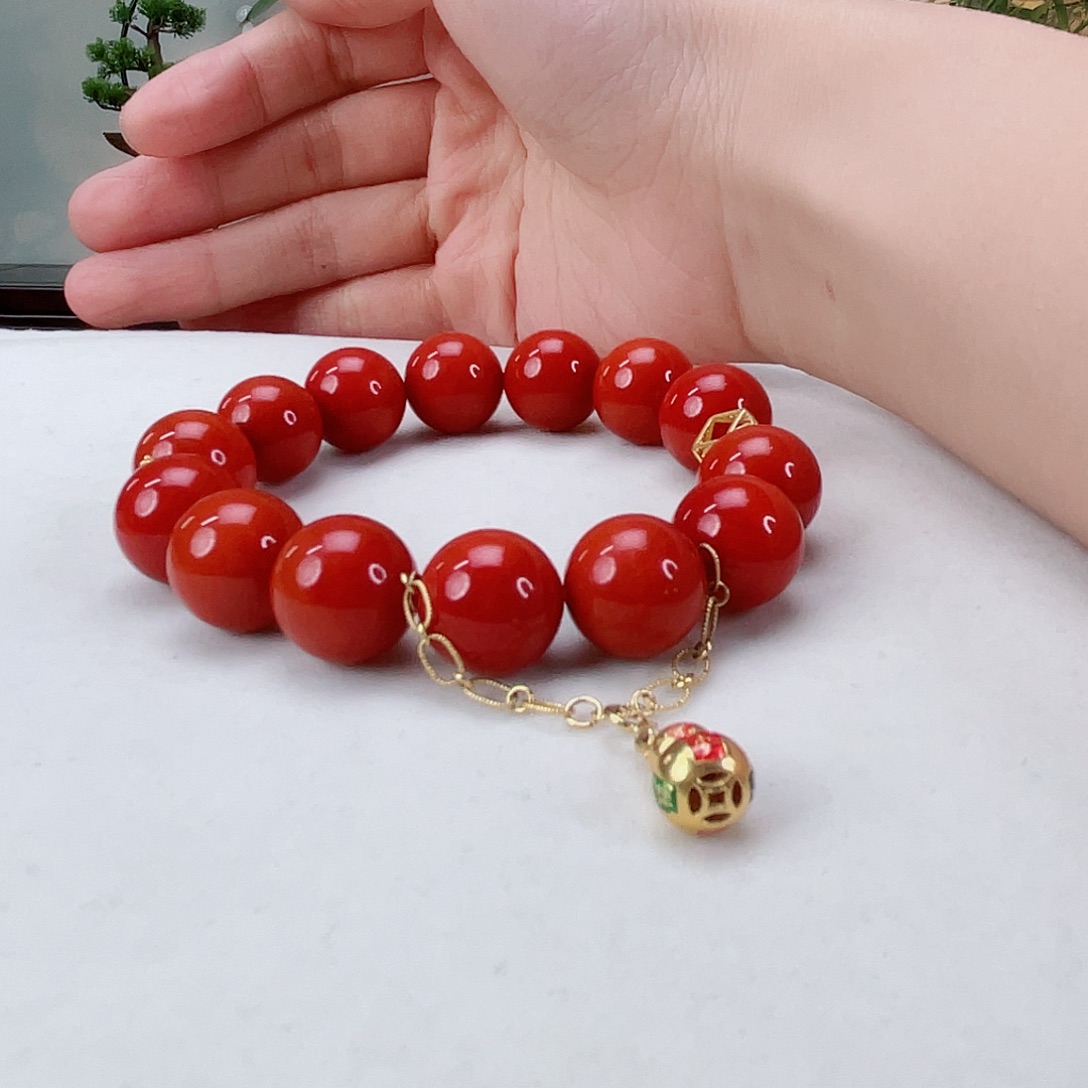 南红玛瑙手链18K金镶嵌南红14.5