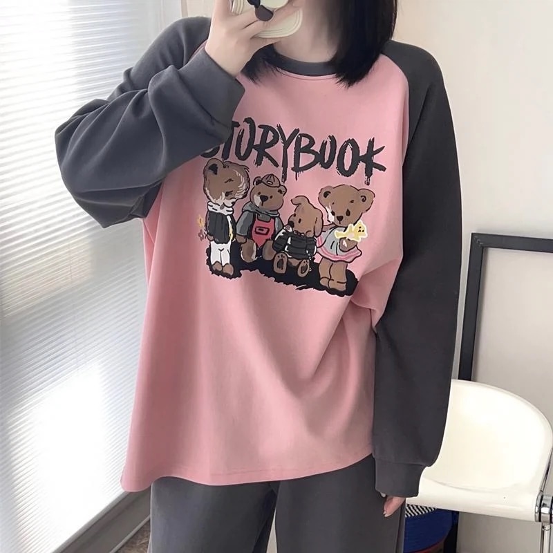 （德绒）秋冬季女士插肩袖小熊圆领套头长袖长裤家居服睡衣女套装