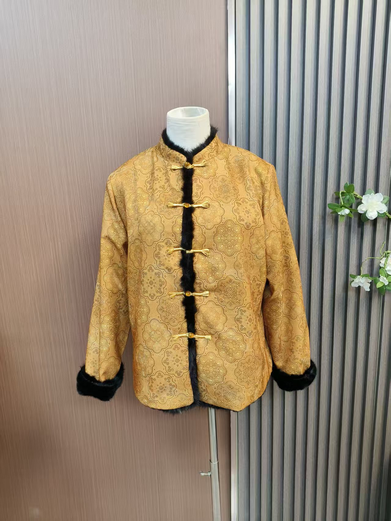 【福光纯色】水貂毛冬季新款外套新中式宋锦上衣时尚百搭双面穿