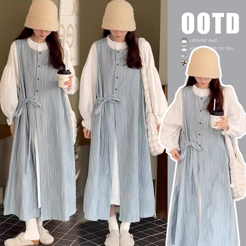 【苏安诺】孕妇装连衣裙2025春秋新款法式宽松衬衣+背心裙两件套