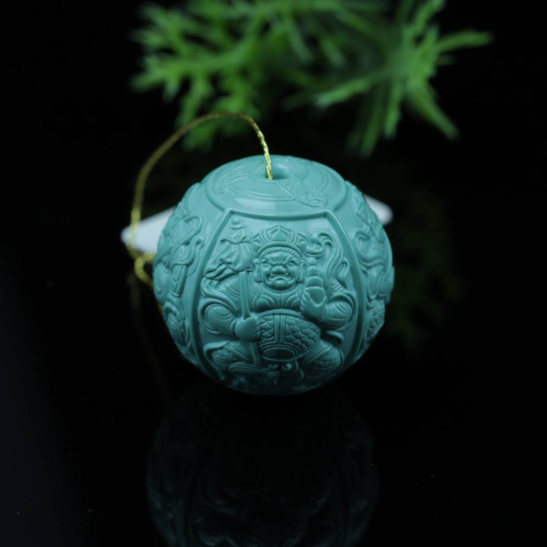 原矿纯天然绿松石精品雕件四大天王圆珠